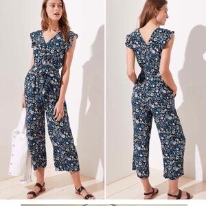 LOFT Blue Black Floral Flowers Print Wide Leg Sleeveless Jumpsuit with Waist Tie
